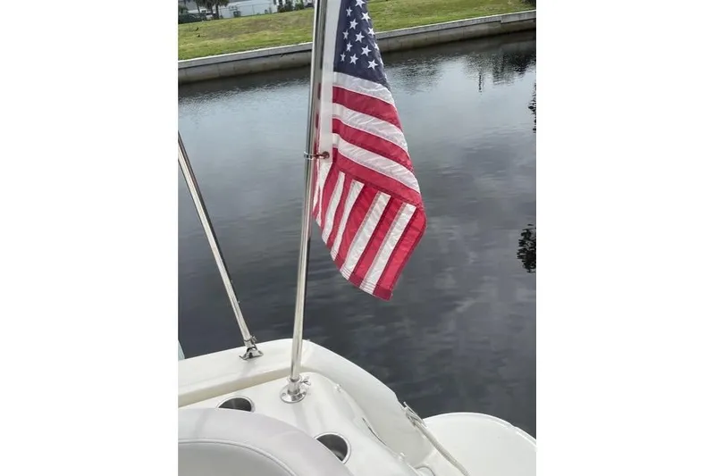 Slide: The Image of American flag on a 2006 Sea Ray 260 Sundancer boat by a calm waterway. - 14