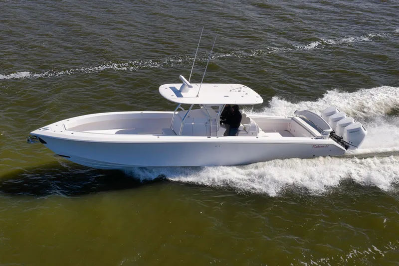 The Image of 2024 Bahama 41 RD boat cruising on open water, showcasing sleek design and powerful engines. - 0