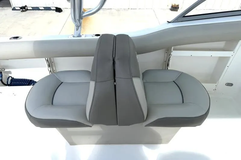 Slide: The Image of 2024 Key West 239 DFS boat seating with gray upholstery and modern design. - 30