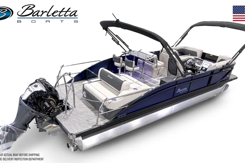 Slide: The Image of 2026 Barletta C24UE pontoon boat with spacious seating and modern design. - 11