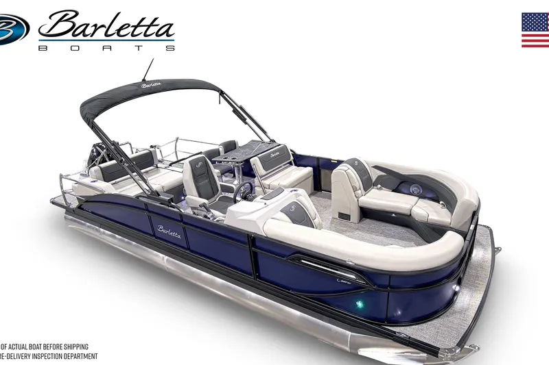 Slide: The Image of 2026 Barletta C24UE pontoon boat with spacious seating and modern design. - 4