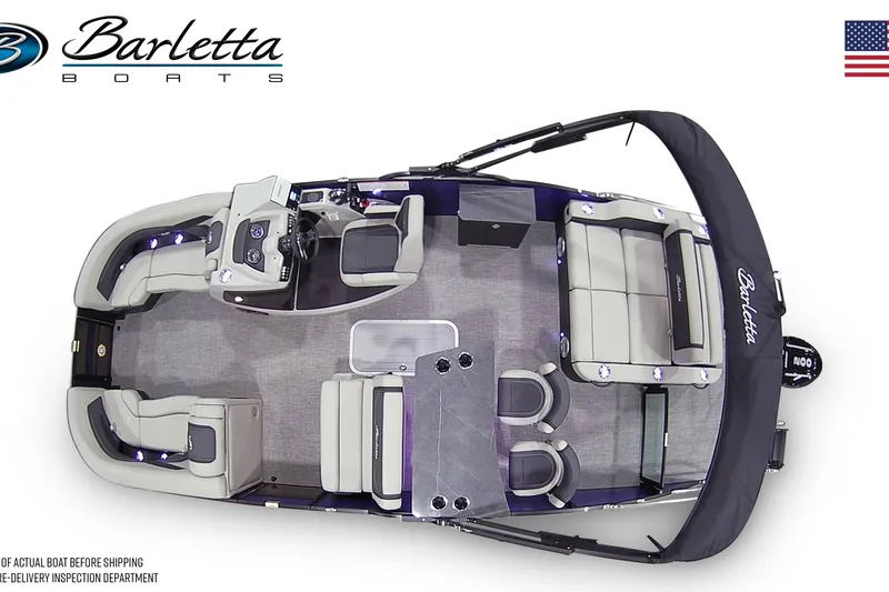 Slide: The Image of 2026 Barletta C24UE pontoon boat, top view, showcasing seating and deck layout. - 6