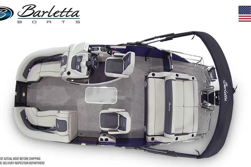 Slide: The Image of 2026 Barletta C22UC pontoon boat interior, top view, showcasing seating and helm layout. - 13