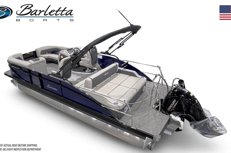 Slide: The Image of 2026 Barletta C22UC pontoon boat with sleek design and Mercury outboard motor. - 2