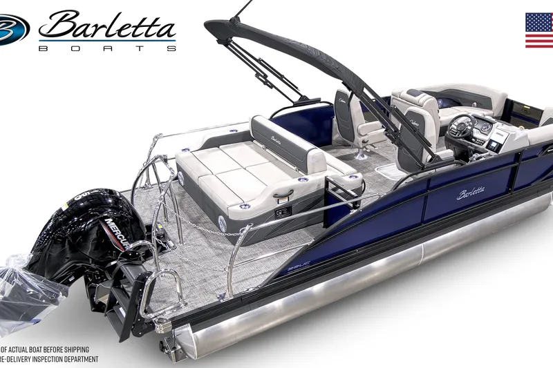 Slide: The Image of 2026 Barletta C22UC pontoon boat with luxurious seating and Mercury outboard motor. - 4