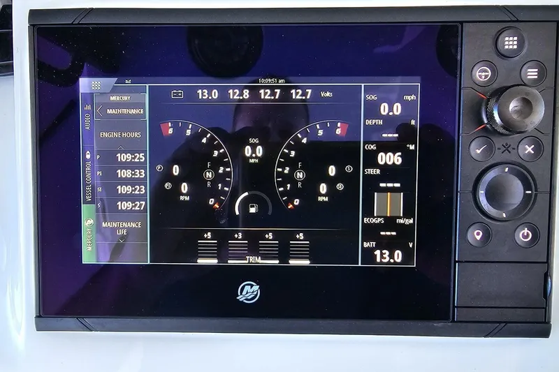 Slide: The Image of Digital dashboard of 2025 Costa Custom Boats 34ST, displaying engine and navigation data. - 32