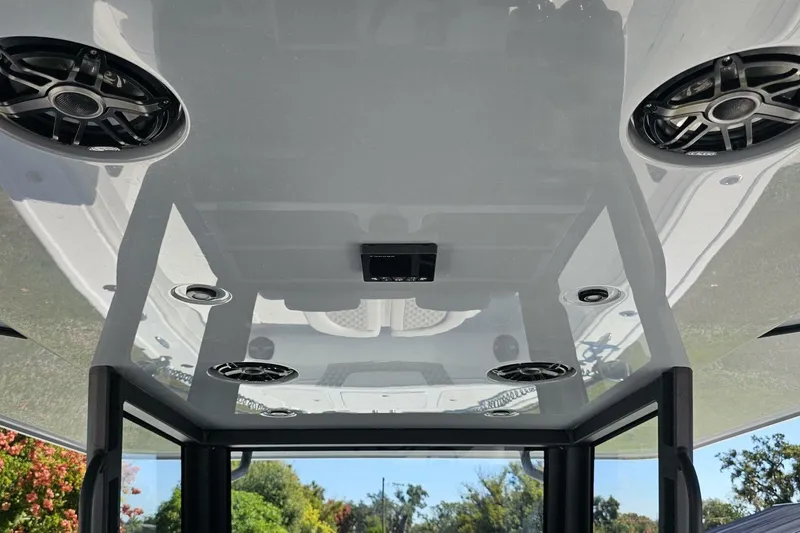 Slide: The Image of 2025 Costa Custom Boats 34ST interior ceiling with speakers and lighting fixtures. - 35