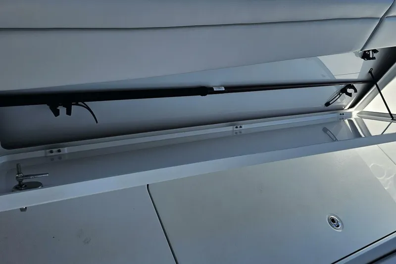 Slide: The Image of 2025 Costa Custom Boats 34ST storage compartment with hydraulic lift support. - 55
