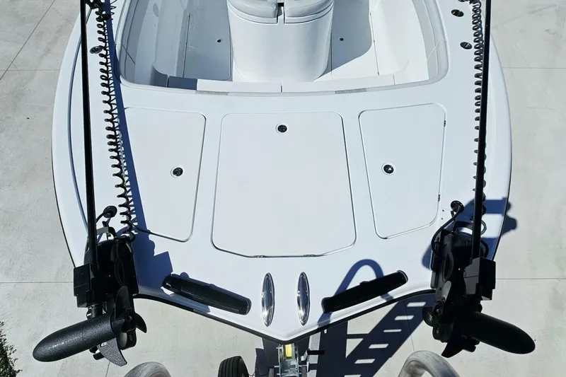 Slide: The Image of 2025 Costa Custom Boats 34ST, top view of bow with dual trolling motors. - 9
