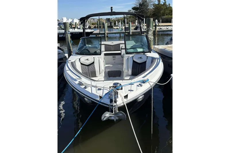 Slide: The Image of 2018 Monterey 278SS Super Sport boat docked at marina, front view. - 3