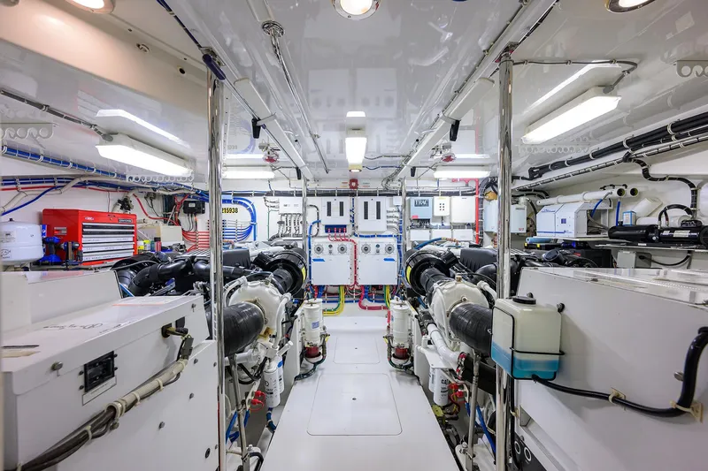 Slide: The Image of Engine room of 2009 Hatteras Enclosed Bridge yacht, showcasing advanced machinery and equipment. - 50