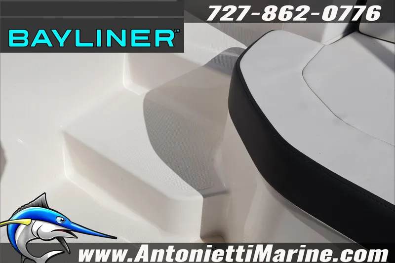Slide: The Image of 2023 Bayliner DX 2000 boat interior with seating and steps, Antonietti Marine branding. - 28