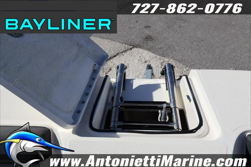 Slide: The Image of 2023 Bayliner DX 2000 boat ladder and storage compartment, Antonietti Marine branding. - 37