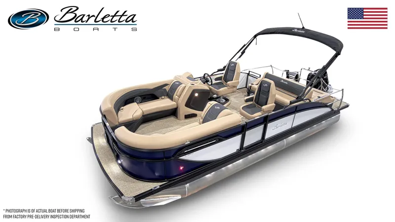 Slide: The Image of 2026 Barletta C22UC pontoon boat, rear view with seating and motor, American flag displayed. - 2