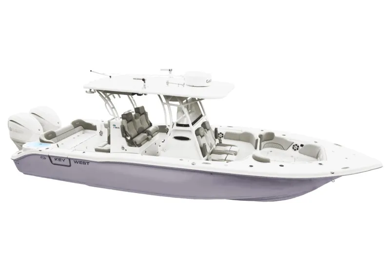 Slide: The Image of 2026 Key West 291 FS boat with Yamaha outboard motor, parked under a blue sky. - 8