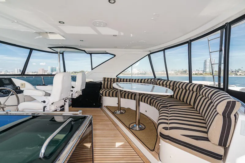 Slide: The Image of Luxurious 2010 Ocean Alexander motor yacht interior with striped seating and panoramic windows. - 24