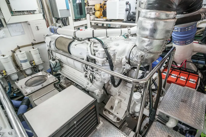 Slide: The Image of Engine room of 2010 Ocean Alexander Motor Yacht, featuring advanced machinery and equipment. - 73