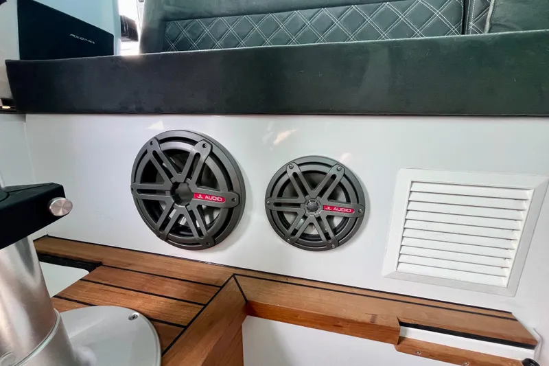 Slide: The Image of Interior of 2018 Axopar 37 Sport Cabin R with JL Audio speakers. - 37