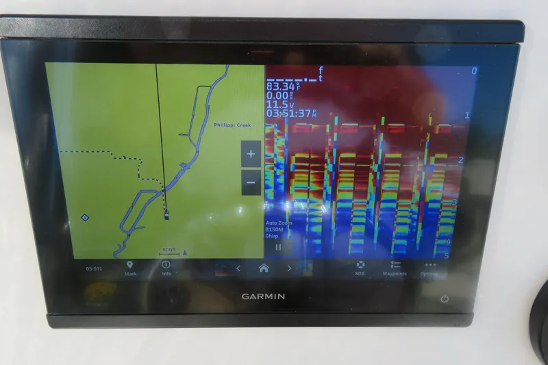 Slide: The Image of Garmin navigation display on 2022 Key West 189 FS boat, showing map and sonar data. - 28
