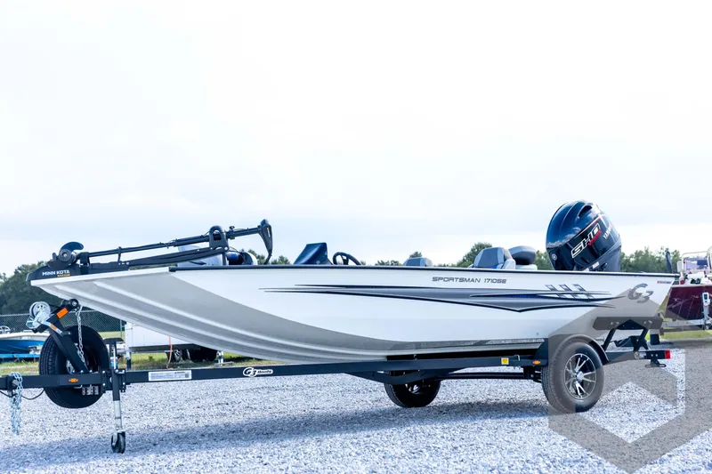 The Image of 2026 G3 Sportsman 1710 SE boat on trailer, featuring sleek design and Yamaha engine. - 1