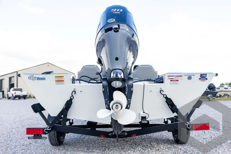 Slide: The Image of 2026 G3 Sportsman 1710 SE boat on trailer, rear view with outboard motor. - 21