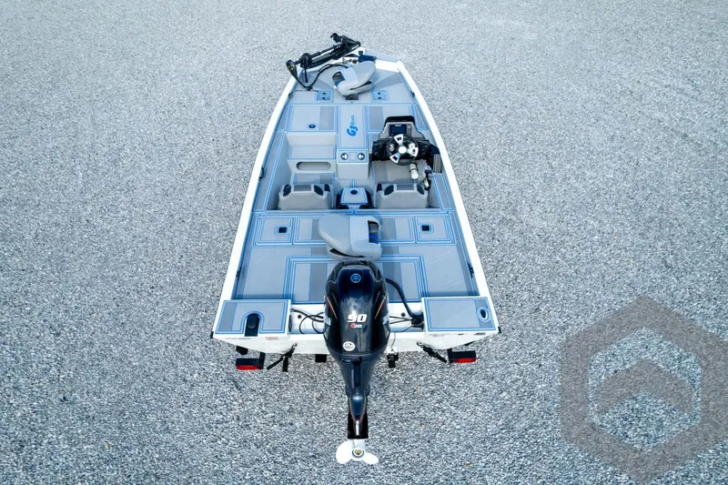 Slide: The Image of 2026 G3 Sportsman 1710 SE fishing boat, aerial view, featuring a 90 HP outboard motor. - 72