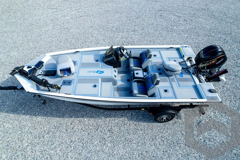 Slide: The Image of 2026 G3 Sportsman 1710 SE fishing boat with Yamaha outboard motor, aerial view. - 74