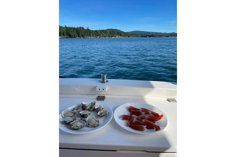 Slide: The Image of Plates of oysters and fish on a 2007 American Tug 41, scenic water view. - 47