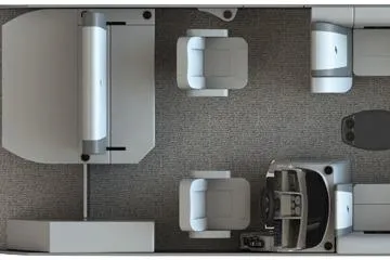 Slide: The Image of Modern office layout with desk, chairs, and equipment, model EXS 1 Q DH, 2026. - 2