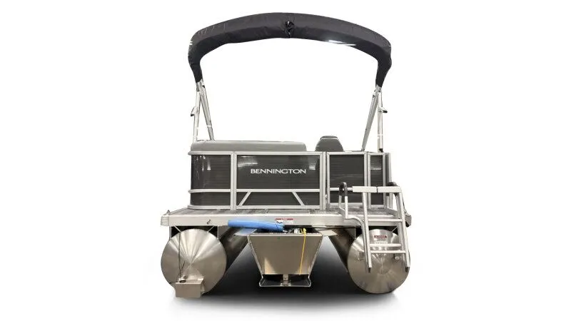 Slide: The Image of 2026 Bennington 188SL pontoon boat, rear view with black canopy. - 7