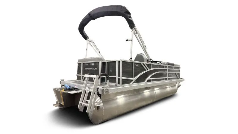 Slide: The Image of 2026 Bennington 188SL pontoon boat with black canopy and aluminum construction. - 9