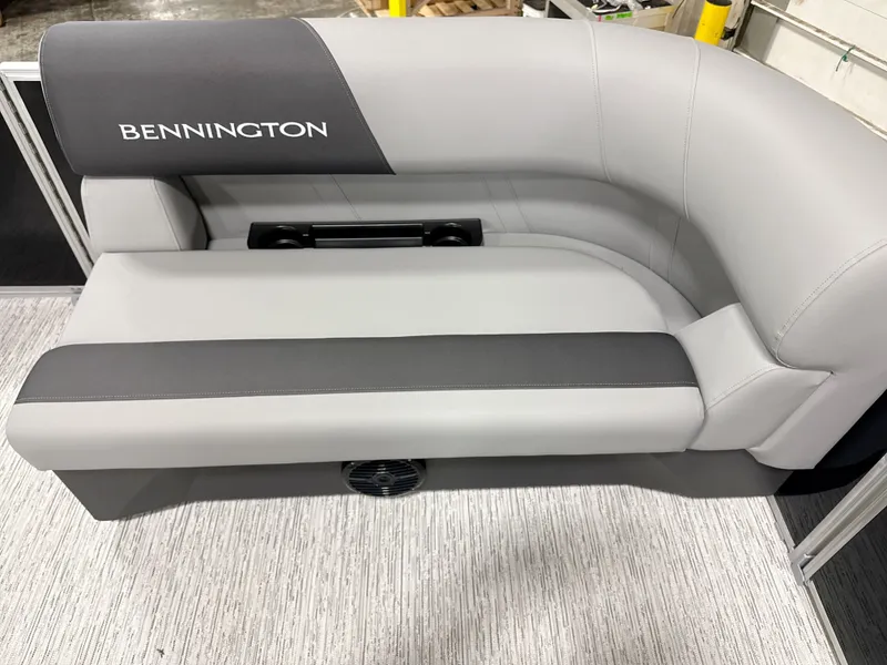 Slide: The Image of Bennington 20SL 2026 gray boat seating with logo. - 9