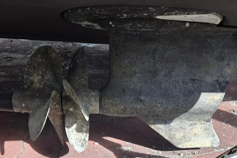 Slide: The Image of Close-up of 2016 Cruisers Sport Series 45 Cantius boat propeller and rudder. - 83