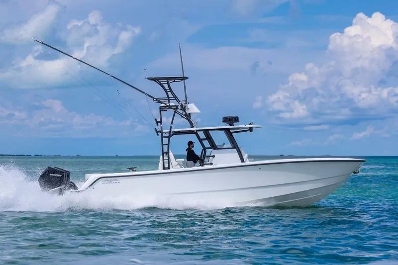 Slide: The Image of 2026 Invincible 36 Catamaran cruising on open water under a clear blue sky. - 55