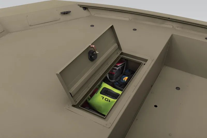 Slide: The Image of Storage compartment of 2026 Tracker Grizzly 1860 Utility boat with gear inside. - 9