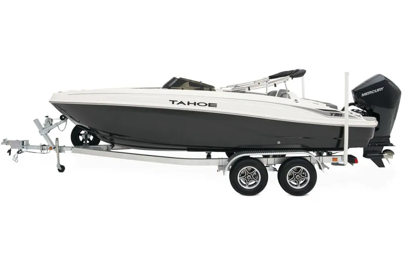 Slide: The Image of 2026 Tahoe T21 boat on trailer, parked outdoors, featuring powerful outboard motor. - 4