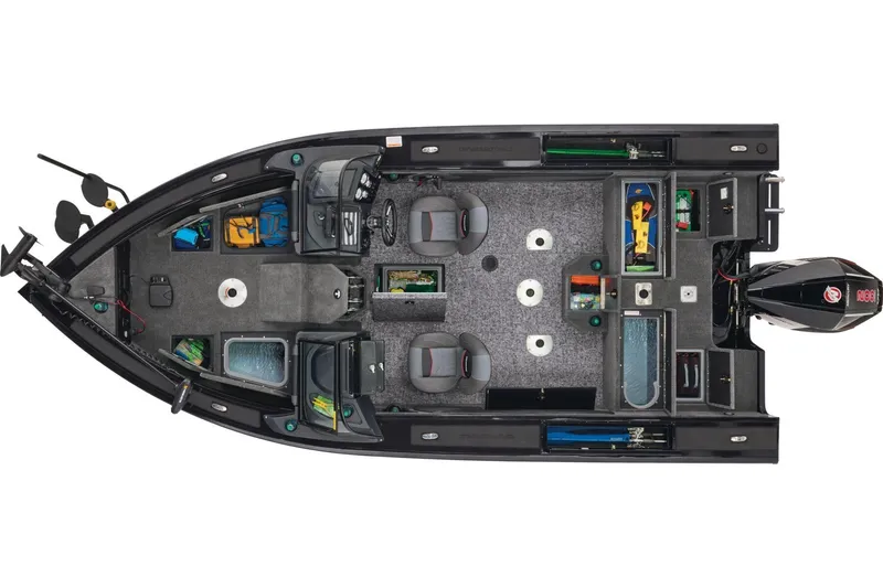 Slide: The Image of 2026 Tracker Targa V-19 WT boat deck with motor, featuring carpeted surface and storage compartments. - 9
