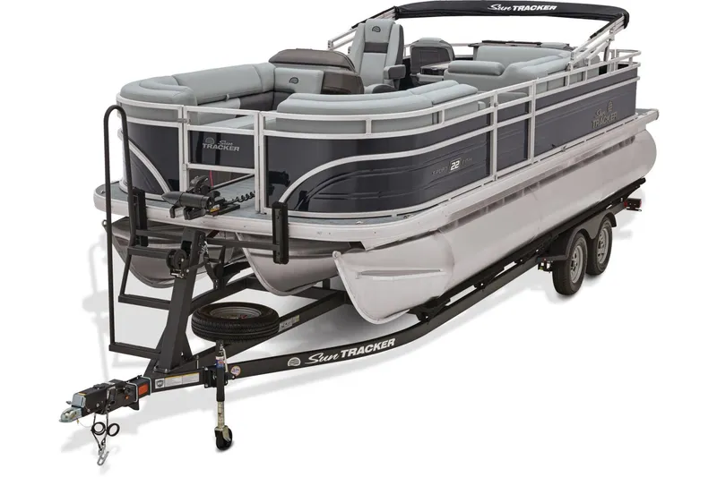 Slide: The Image of 2026 Sun Tracker SportFish 22 XP3 boat interior with gray seating and modern design. - 38