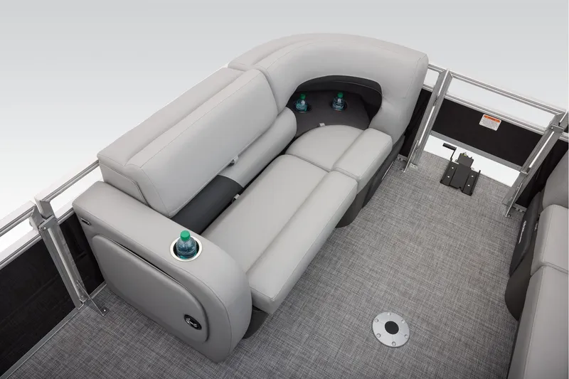 Slide: The Image of 2026 Sun Tracker SportFish 22 XP3 boat interior with gray seating and modern design. - 47