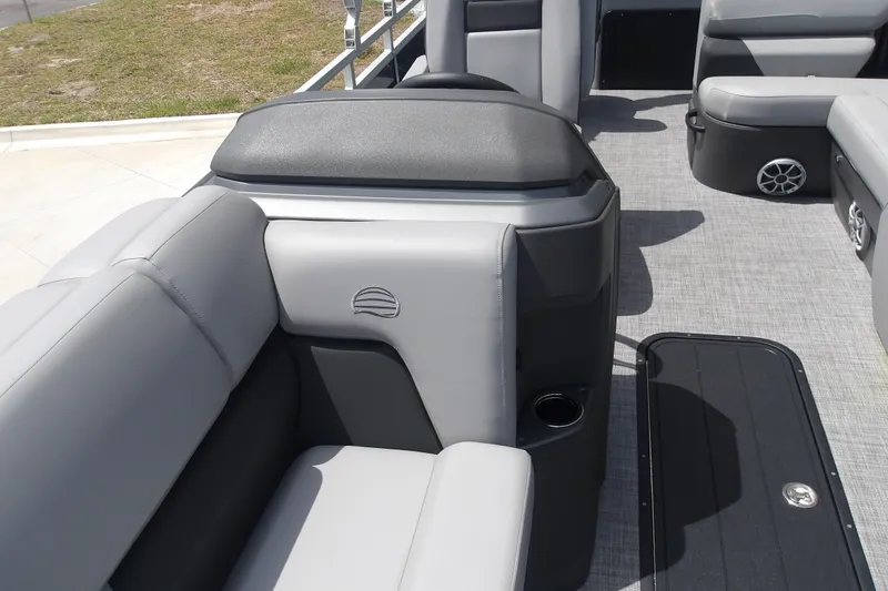 Slide: The Image of Interior of 2026 Sun Tracker SportFish 22 XP3 pontoon boat with gray seating and flooring. - 53
