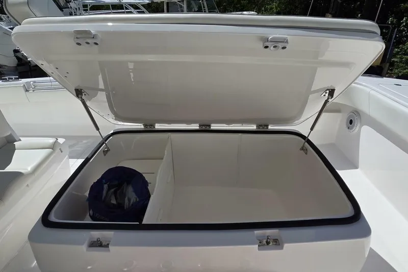 Slide: The Image of Open storage compartment on 2020 Invincible 35 Catamaran boat deck. - 12