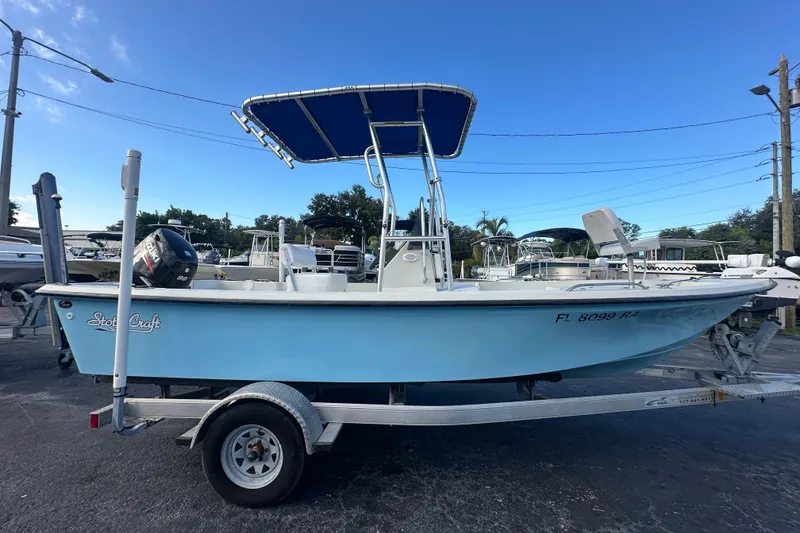Slide: The Image of 2016 Stott Craft SCV202 boat on trailer, blue hull, parked outdoors. - 6