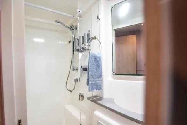 Slide: The Image of Bathroom interior of 2017 Leopard 51 Powercat yacht with modern shower and mirror. - 129
