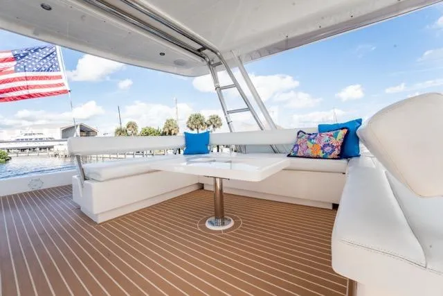 Slide: The Image of Luxurious 2017 Leopard 51 Powercat yacht deck with seating, table, and American flag. - 34