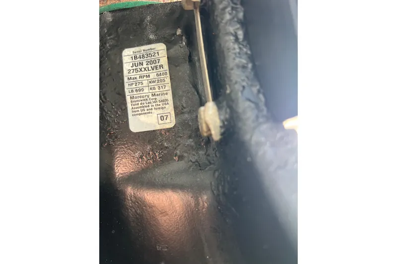 Slide: The Image of Label on 2008 Donzi 38 ZFX Open boat, showing engine specifications and serial number. - 13