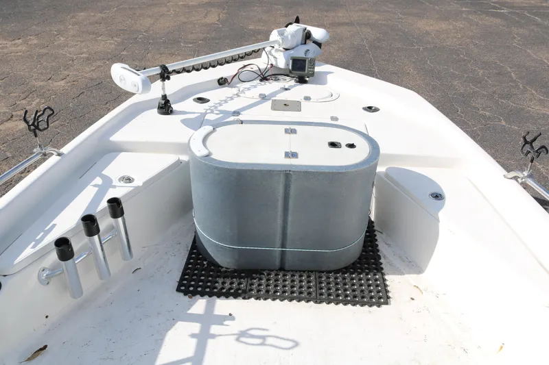 Slide: The Image of Front deck of 2008 Blue Wave 220 Deluxe Pro boat with fishing equipment. - 16