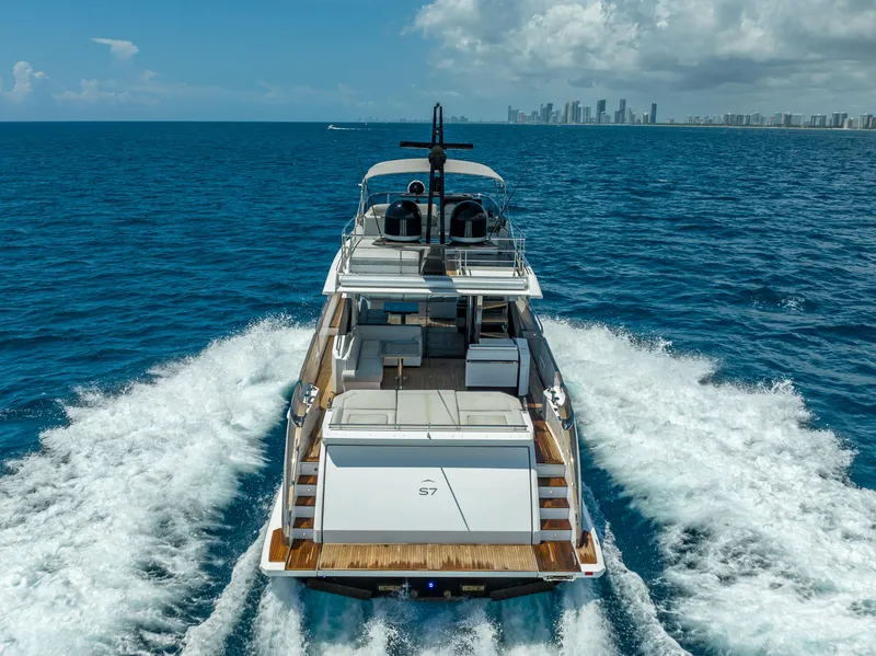 Slide: The Image of Aerial view of a 2018 Azimut S7 yacht cruising on the sea. - 9