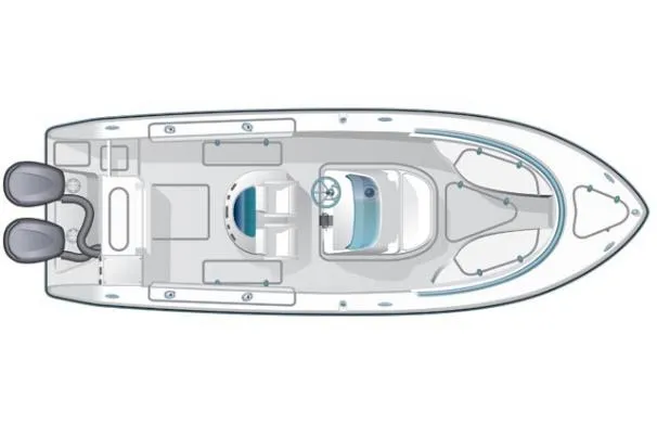 Slide: The Image of 2015 Pursuit C 280 Center Console boat interior with beige seating and dual engines. - 5