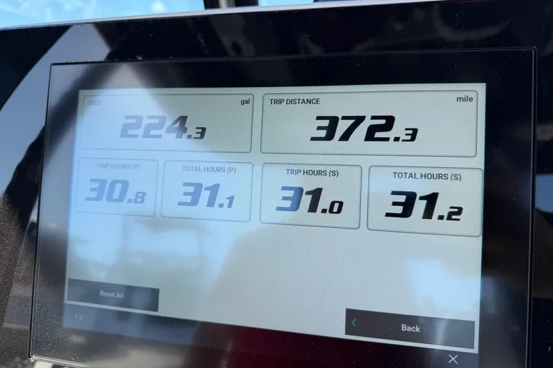 Slide: The Image of 2024 Sportsman Open 282TE Center Console dashboard displaying trip data and fuel usage. - 38