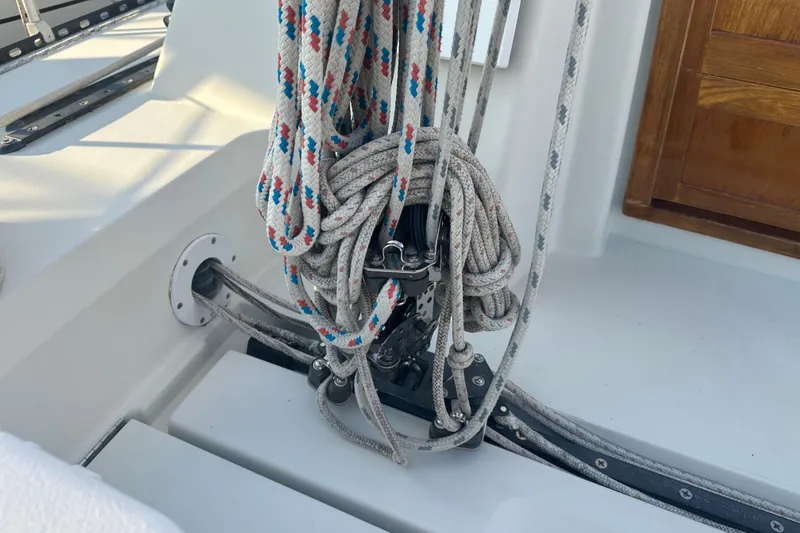 Slide: The Image of Rope and pulley system on 1984 C&C 41 sailboat deck. - 14